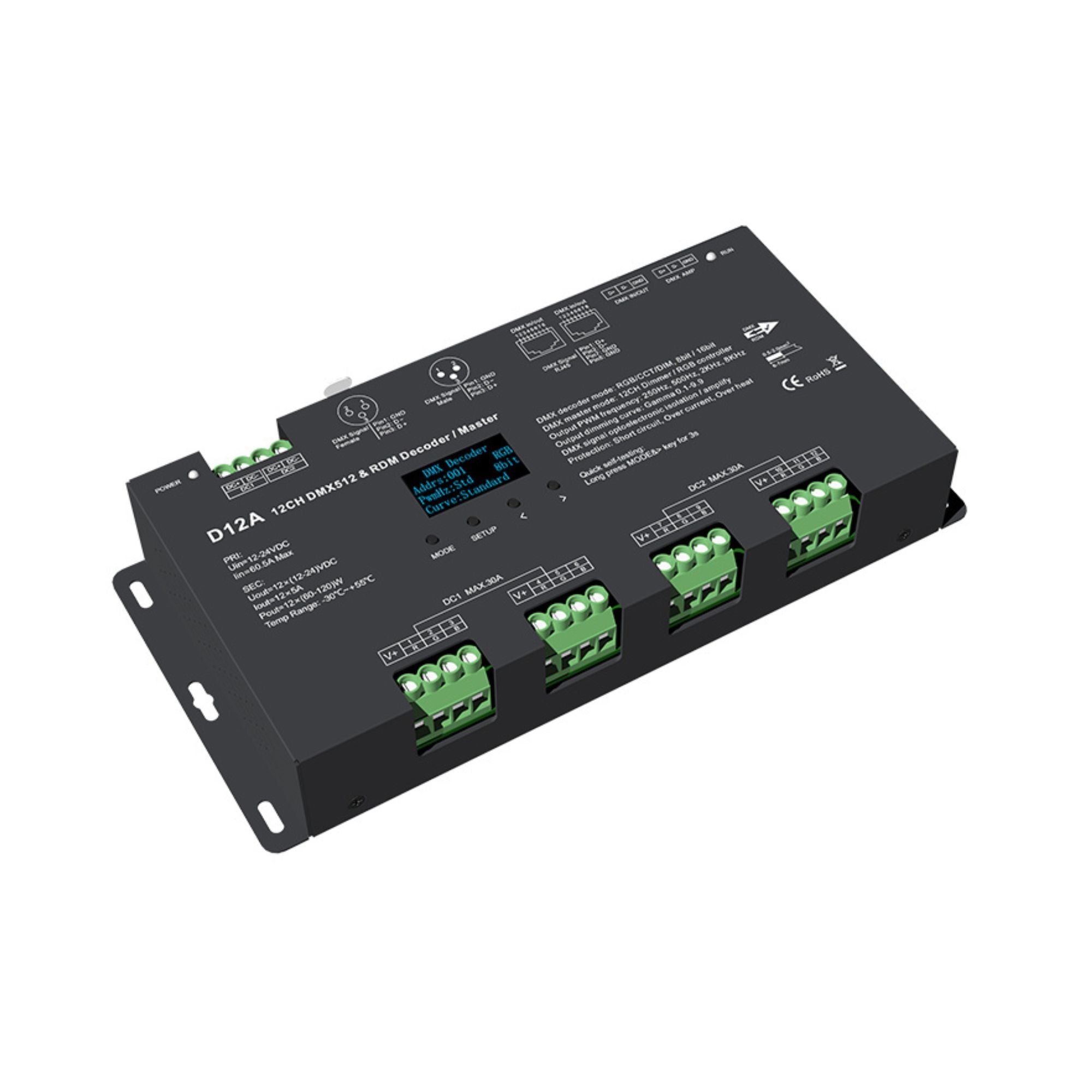 Decodificador DMX512 12-24V DC - 5A/canal - 12 Canales - Pantalla OLED (1)
