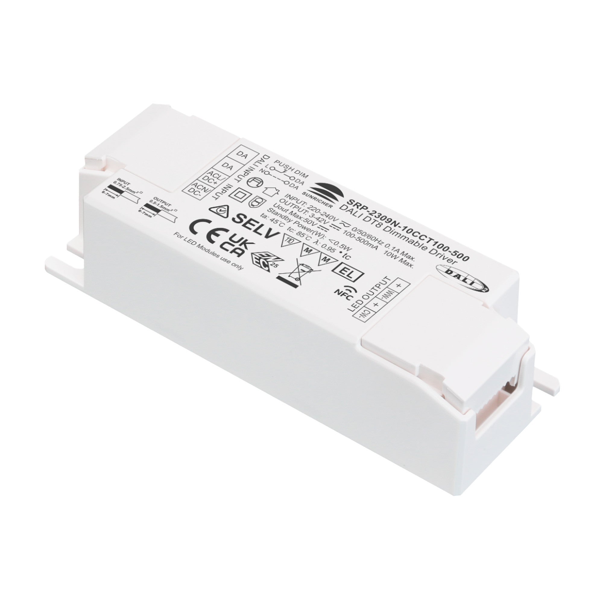 Driver regulable DALI DT8 CCT 220-240V - Salida 3-42V DC - 100-500mA - 10W