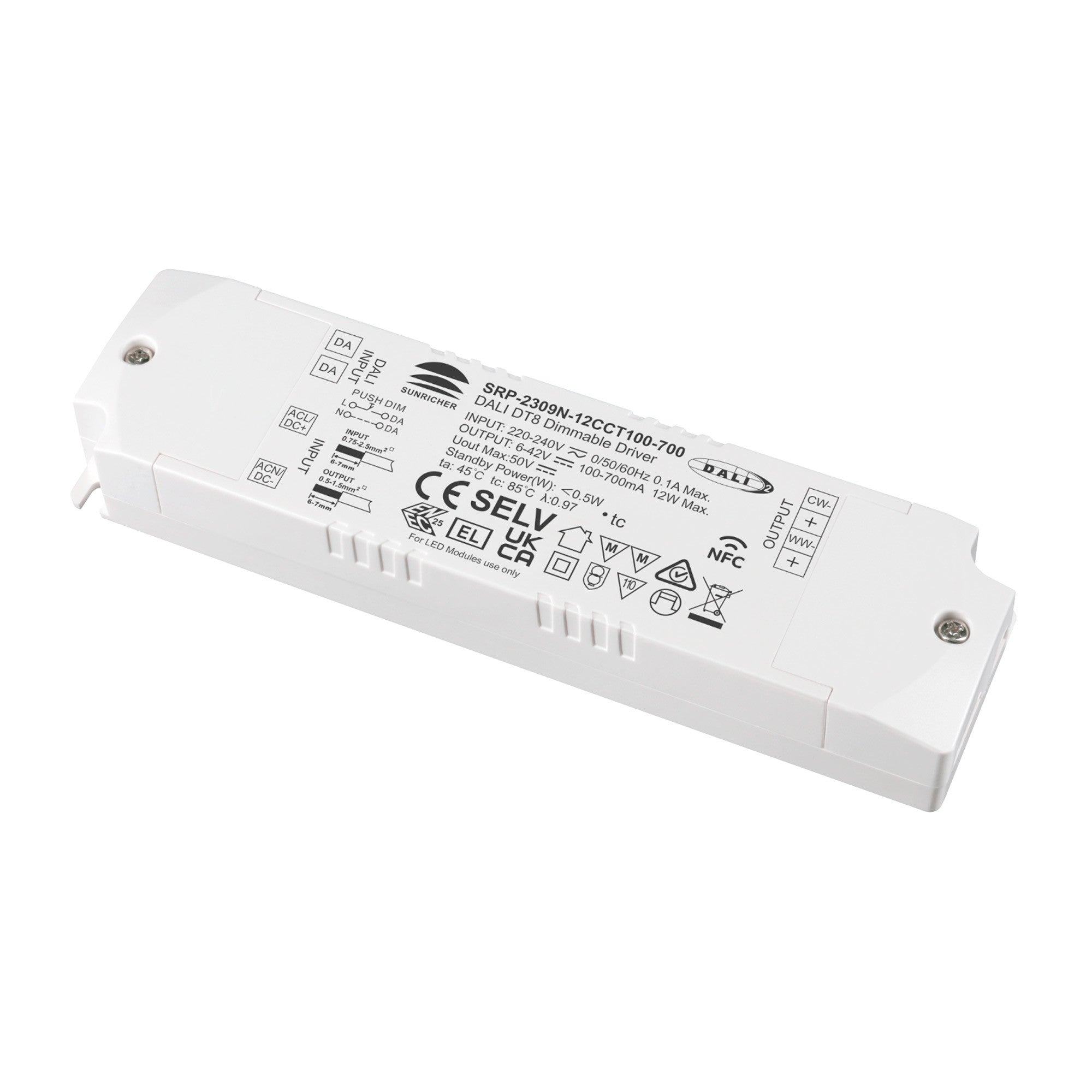 Driver regulable DALI DT8 CCT 220-240V - Salida 6-42V DC - 100-700mA - 12W