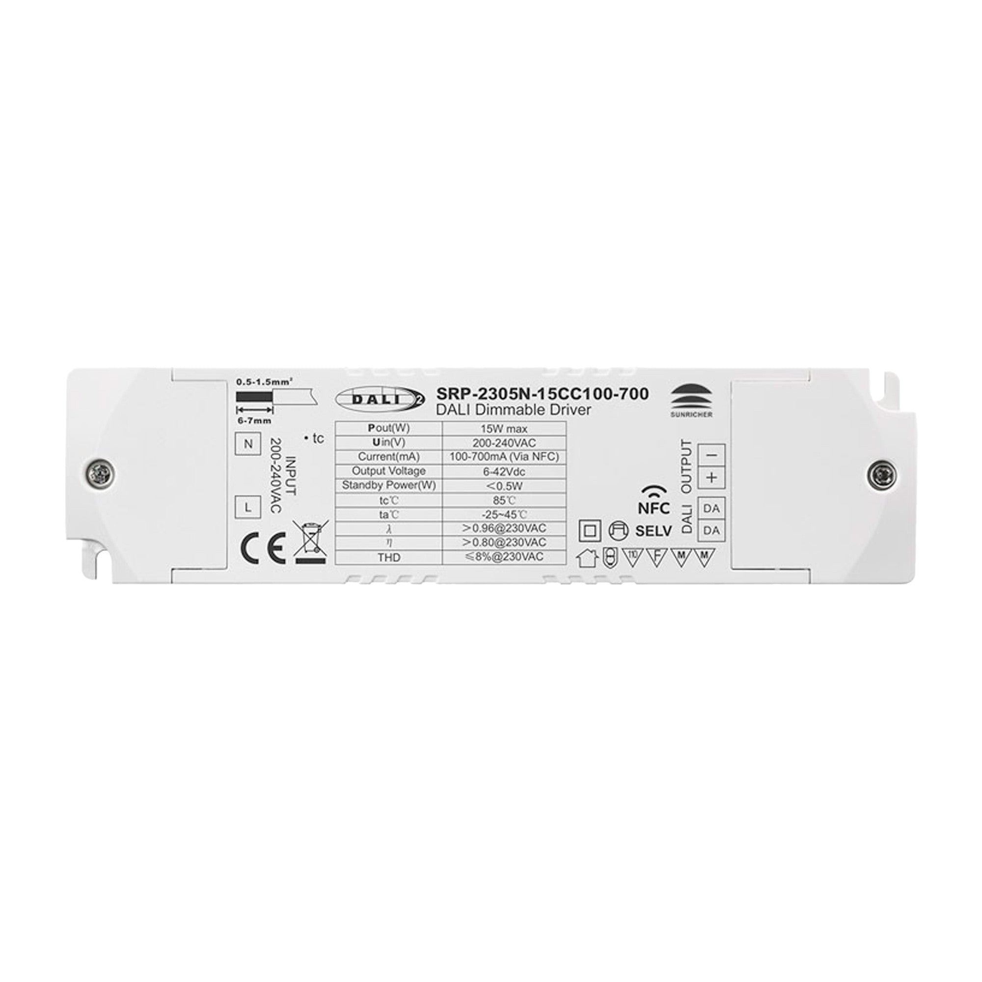Driver regulable DALI DT6 monocolor 220-240V - Salida 6-42V DC - 100-700mA - 15W