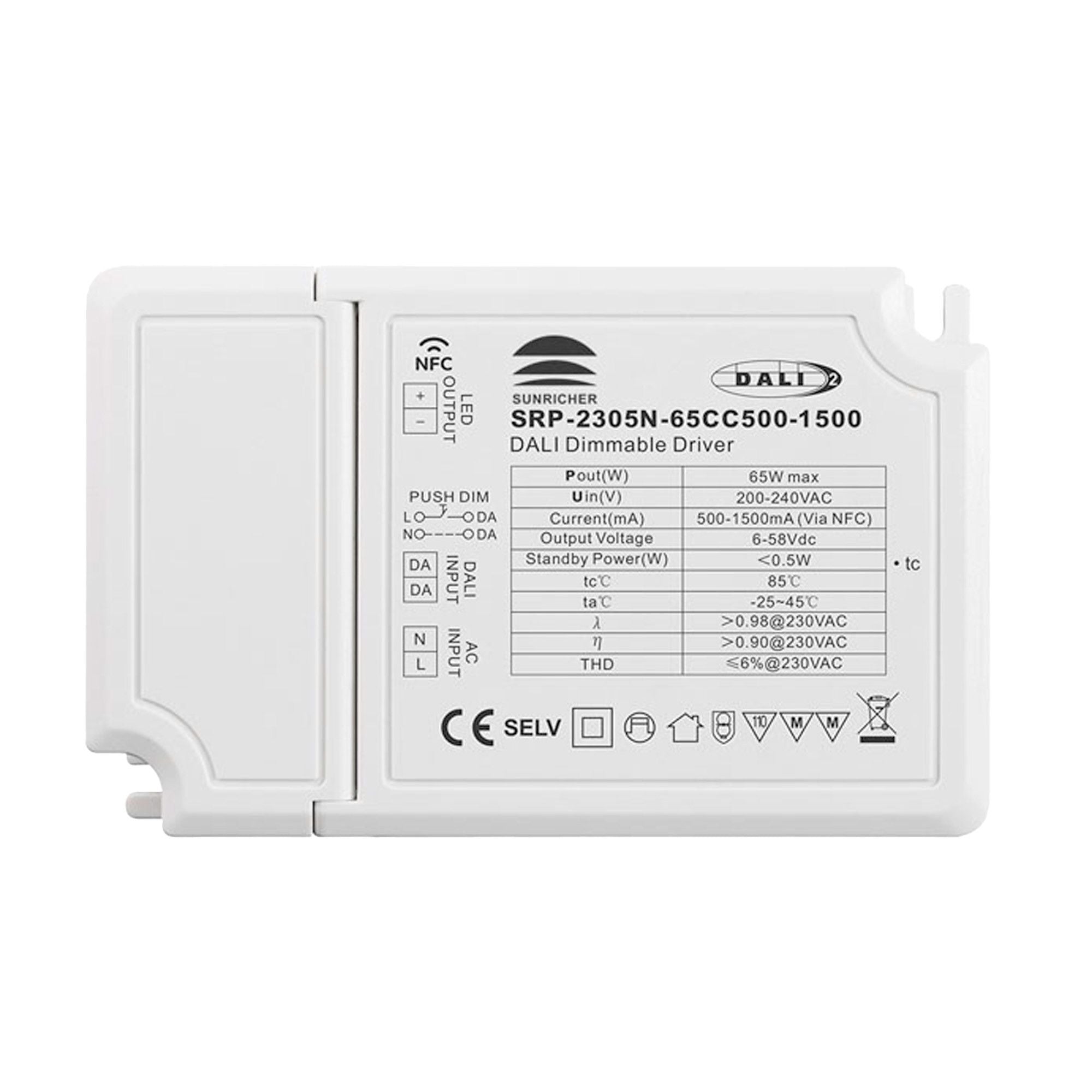 Driver regulable DALI DT6 monocolor 220-240V - Salida 6-58V DC - 500-1500mA - 65W