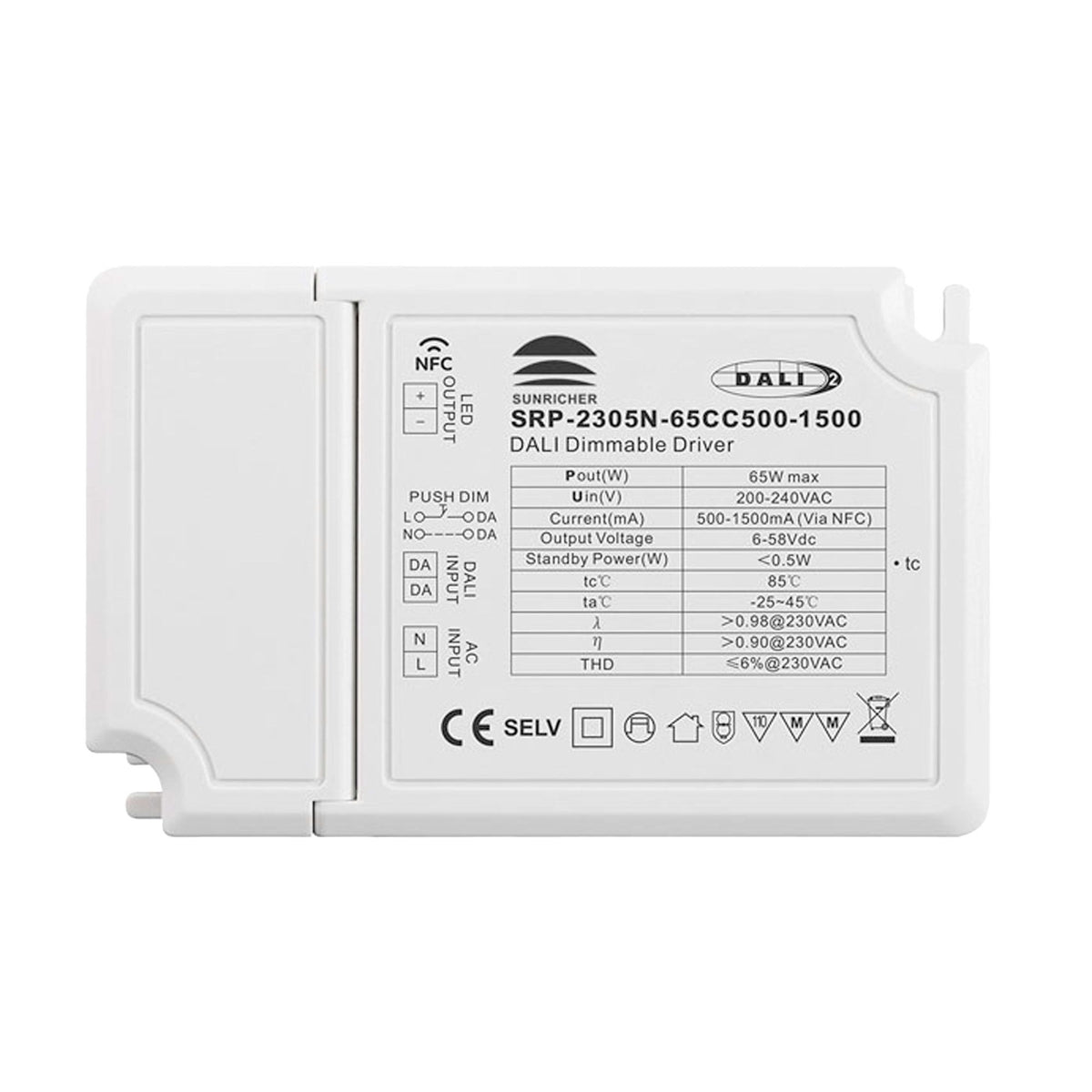 Driver regulable DALI DT6 monocolor 220-240V - Salida 6-58V DC - 500-1500mA - 65W