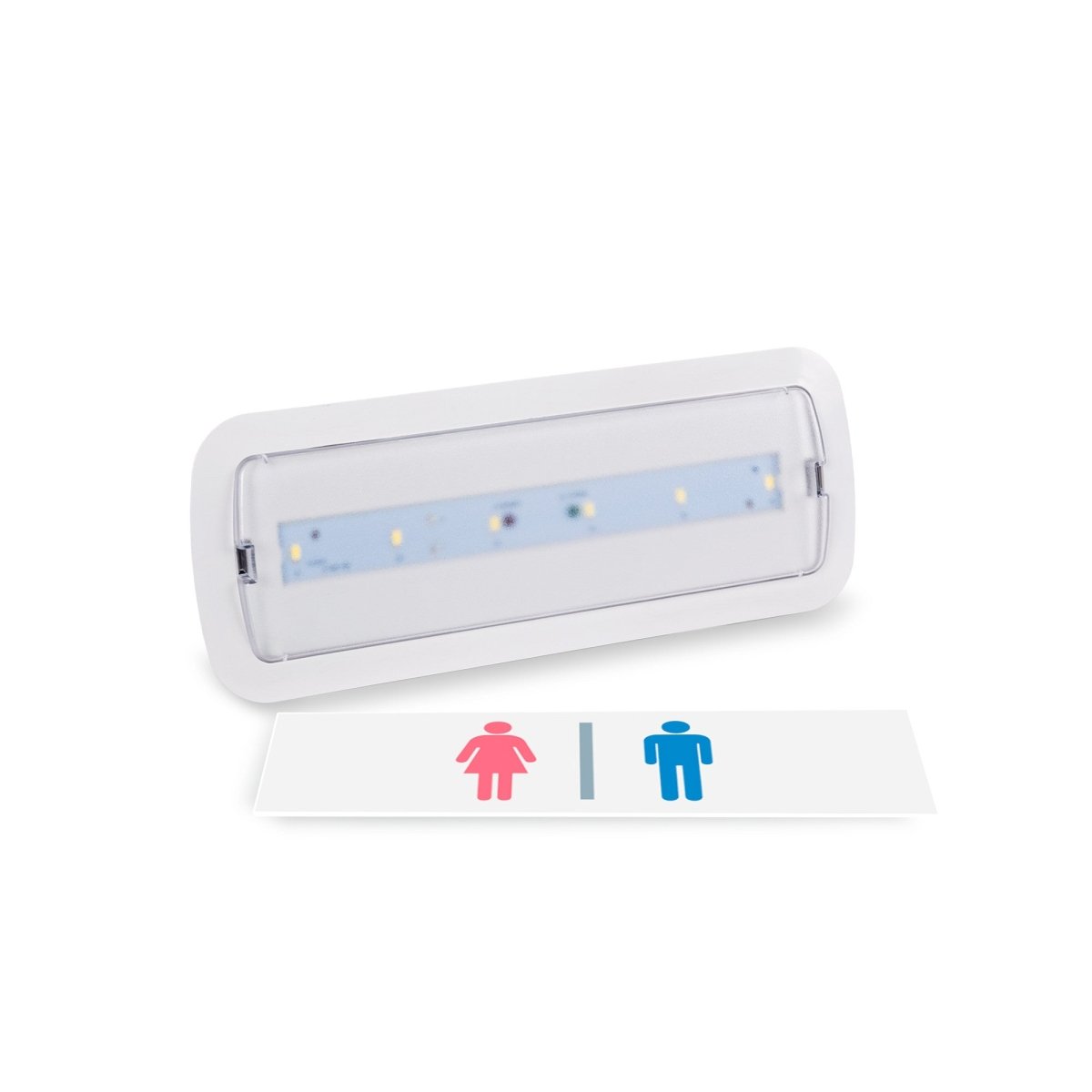 KIT pictograma autodhesivo "Baños" + Luz de emergencia permanente - Barcelona Led-