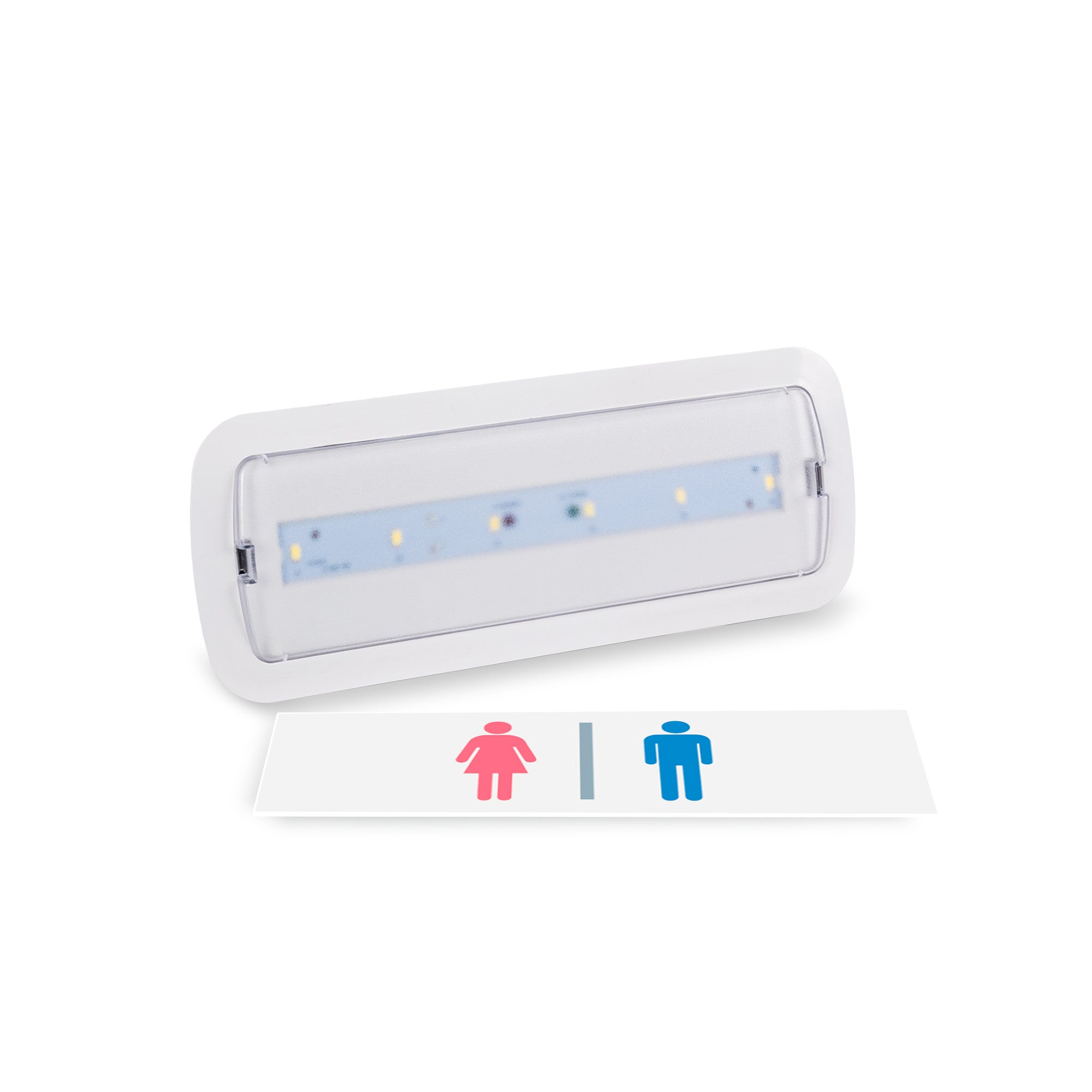 KIT pictograma autodhesivo "Baños" + Luz de emergencia permanente (1)
