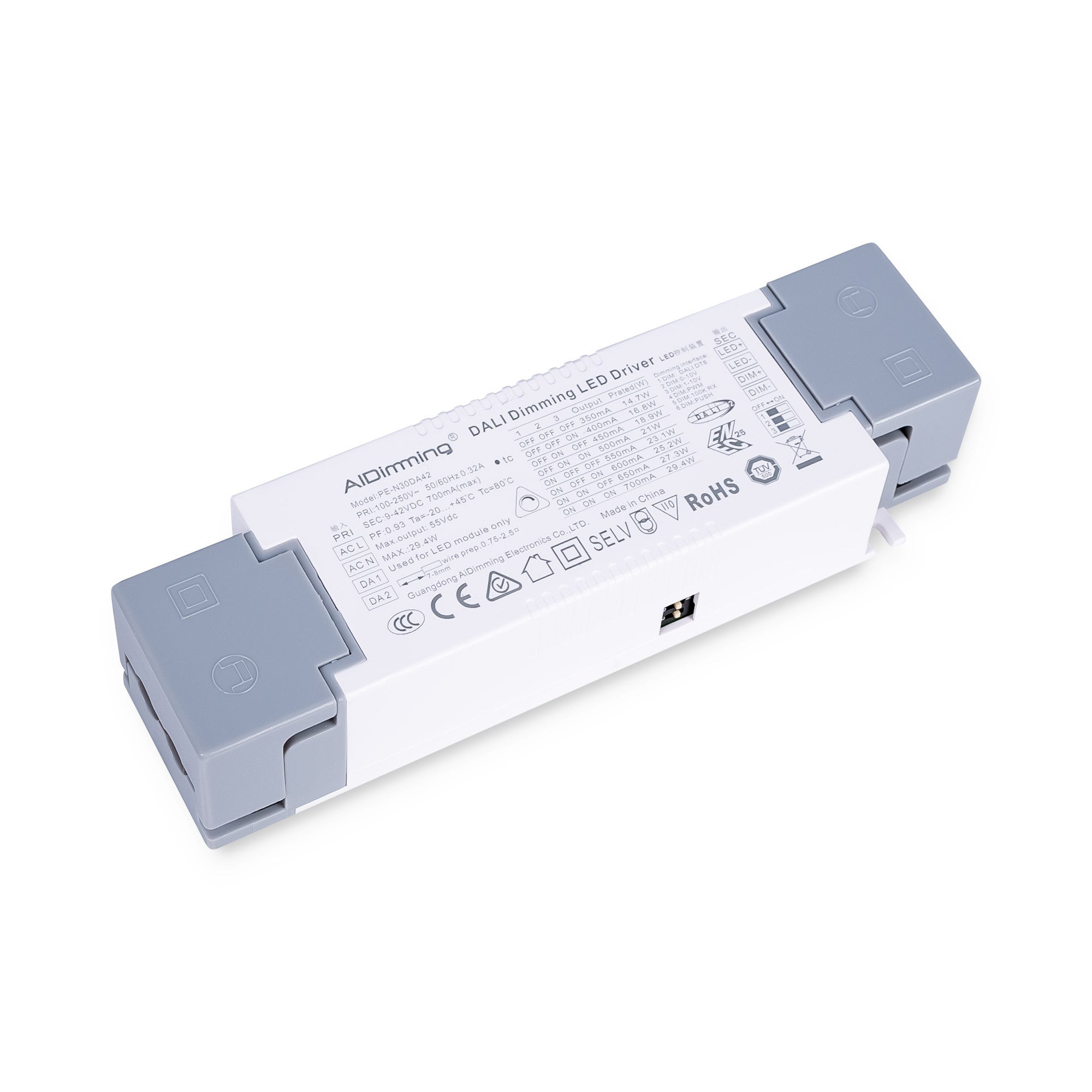 Driver regulable DALI + 1/0-10V + PUSH - 9-42V DC - Multicorriente (350-700mA)