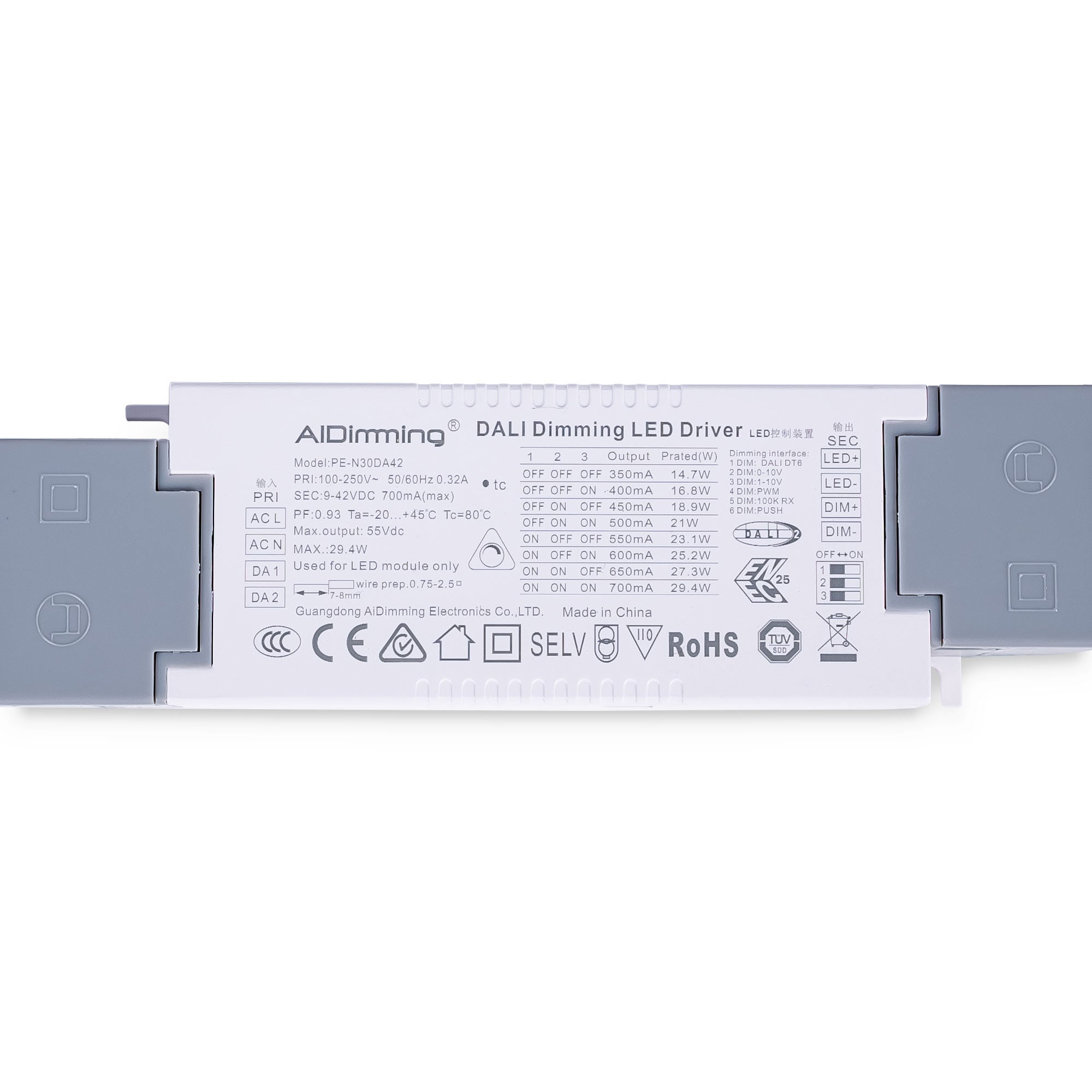 Driver regulable DALI + 1/0-10V + PUSH - 9-42V DC - Multicorriente (350-700mA) (1)