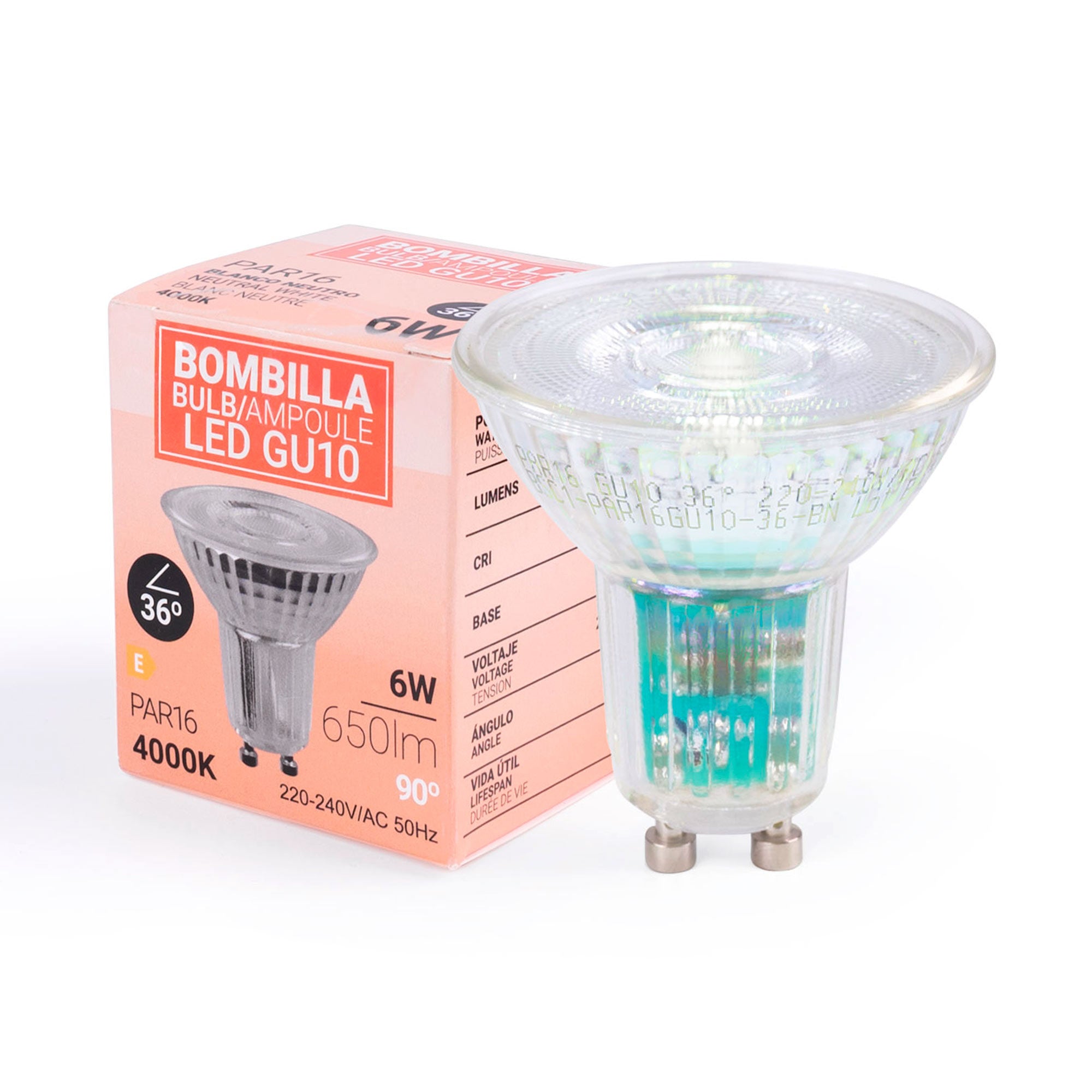 Bombilla LED GU10 6W cristal - 130lm/W - PAR16 - 36°