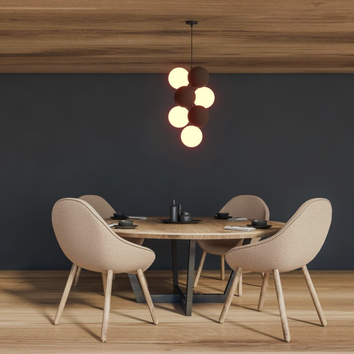 Lámpara acústica colgante vertical "DRAC" - 4 esferas luminosas y 6 esferas absorbentes - Barcelona Led-Decoración