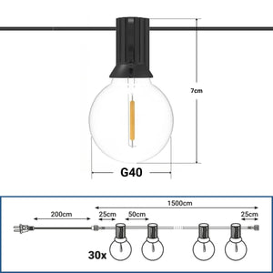 Guirnalda luces exterior 15 + 2 metros - 30 bombillas LED filamento E12 G40 1W - IP44 - Blanco cálido (6)
