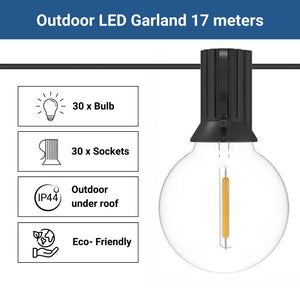 Guirnalda luces exterior 15 + 2 metros - 30 bombillas LED filamento E12 G40 1W - IP44 - Blanco cálido (7)