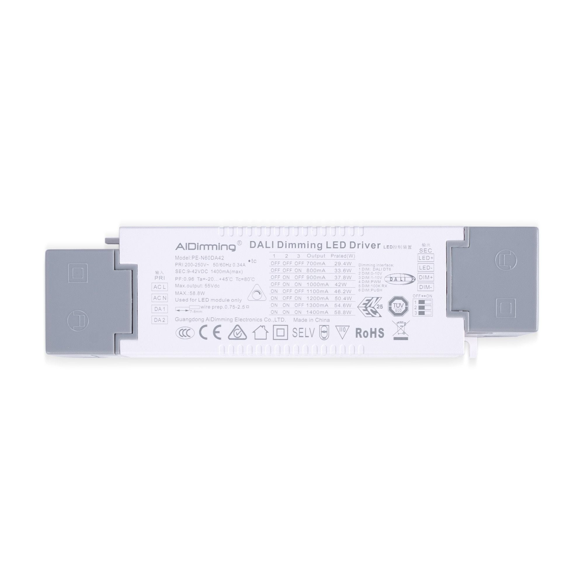 Driver regulable DALI + 1/0-10V + PUSH - 9-42V DC - 58W - Multicorriente (700-1400mA) (1)