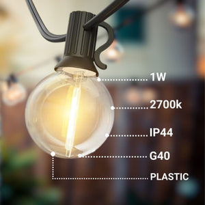 Guirnalda luces exterior 15 + 2 metros - 30 bombillas LED filamento E12 G40 1W - IP44 - Blanco cálido (18)