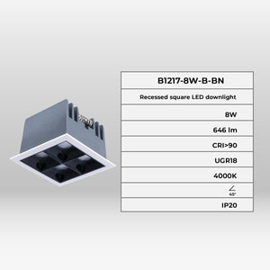 Downlight LED cuadrado empotrable 8W - 4 Focos - UGR18 - CRI90 - Chip OSRAM - Barcelona Led-