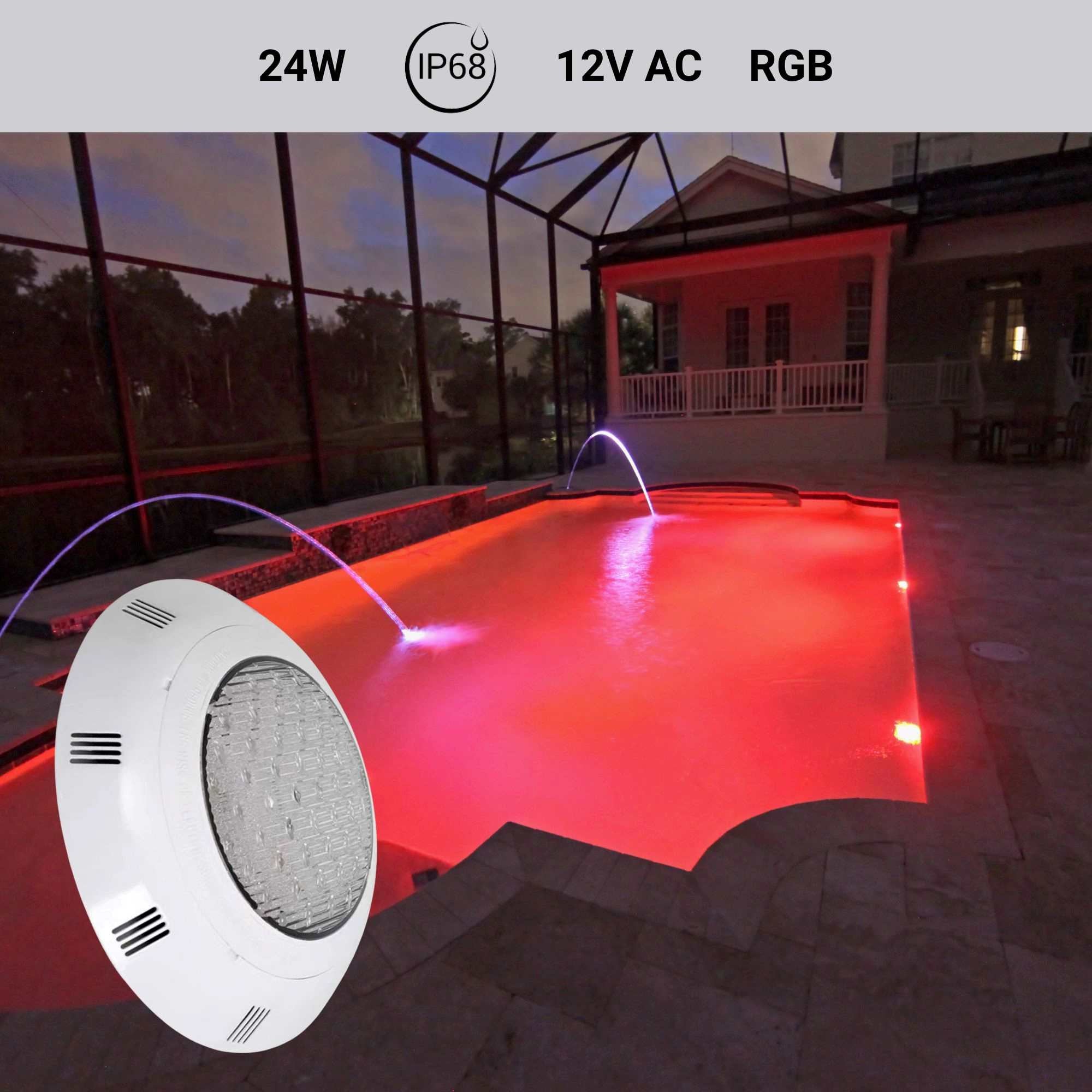 Foco LED para piscina RGB de superficie 12V AC - 24W - Sumergible - Con mando - IP68 (1)