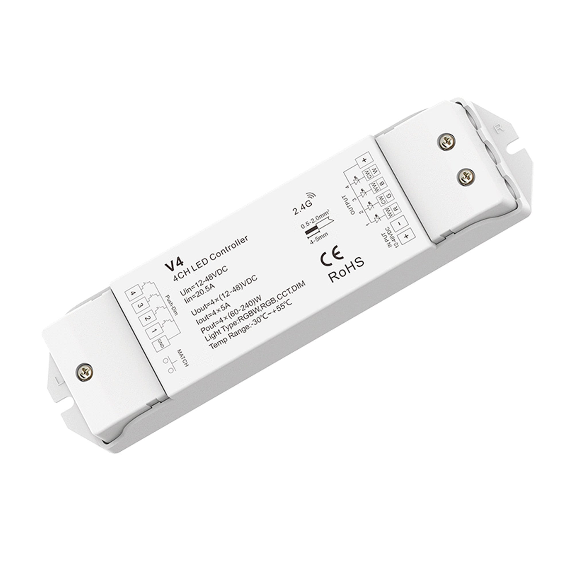 Controlador RGBW / RGB / CCT / Monocolor 12-48V DC - 20A (5A/canal) - RF 2.4G - PUSH Dimmer - Skydance