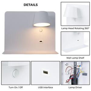 Aplique de pared para lectura con puerto USB "BASKOP" - 6W - Luz derecha (61)