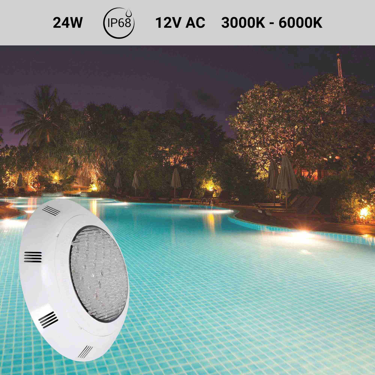 Foco LED para piscina de superficie 12V AC - 24W - Sumergible - IP68 (2)