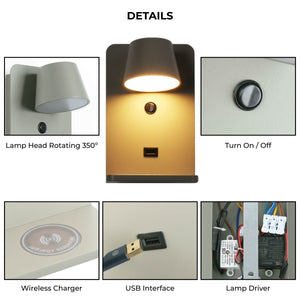 Aplique de pared para lectura con puerto USB "BASKOP W" - 6W - Base carga inalámbrica - Barcelona Led-Decoración
