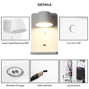 Aplique de pared para lectura con puerto USB "BASKOP W" - 6W - Base carga inalámbrica - Barcelona Led-Decoración