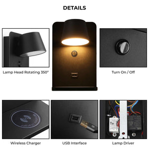 Aplique de pared para lectura con puerto USB "BASKOP W" - 6W - Base carga inalámbrica - Barcelona Led-Decoración