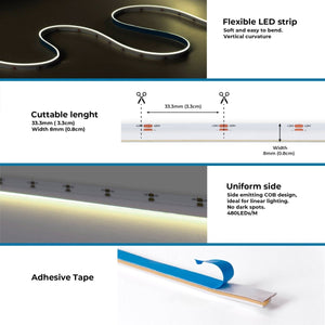 Tira LED COB 24V DC monocolor - Emisión lateral - 9W/m - 8mm - IP20 - Corte c/ 3cm - Rollo de 5 metros - Barcelona Led-