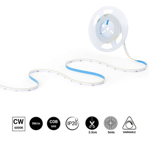 Tira LED COB 24V DC monocolor - Emisión lateral - 9W/m - 8mm - IP20 - Corte c/ 3cm - Rollo de 5 metros - Barcelona Led-
