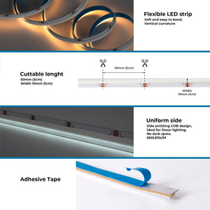 Tira LED COB 24V DC CCT - Emisión lateral - 12W/m - 10mm - IP20 - Corte c/ 5cm - Rollo de 5 metros (6)