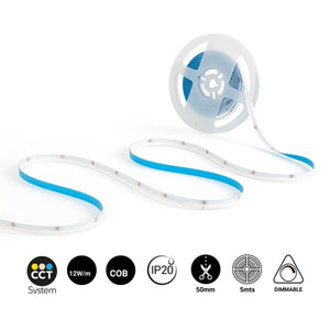 Tira LED COB 24V DC CCT - Emisión lateral - 12W/m - 10mm - IP20 - Corte c/ 5cm - Rollo de 5 metros - Barcelona Led-