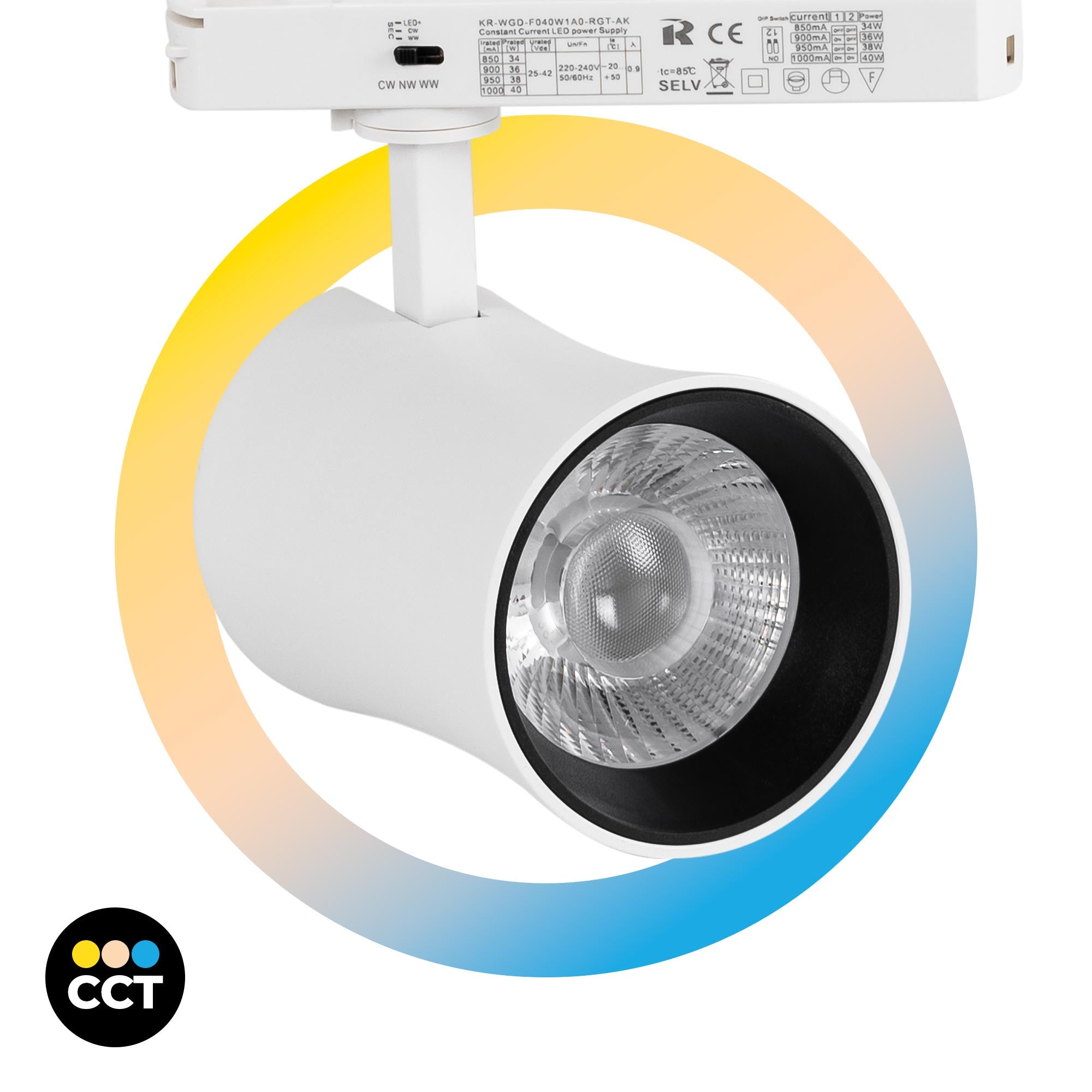Proyector LED arquitectónico para carril monofásico CCT - 40W - CRI 90