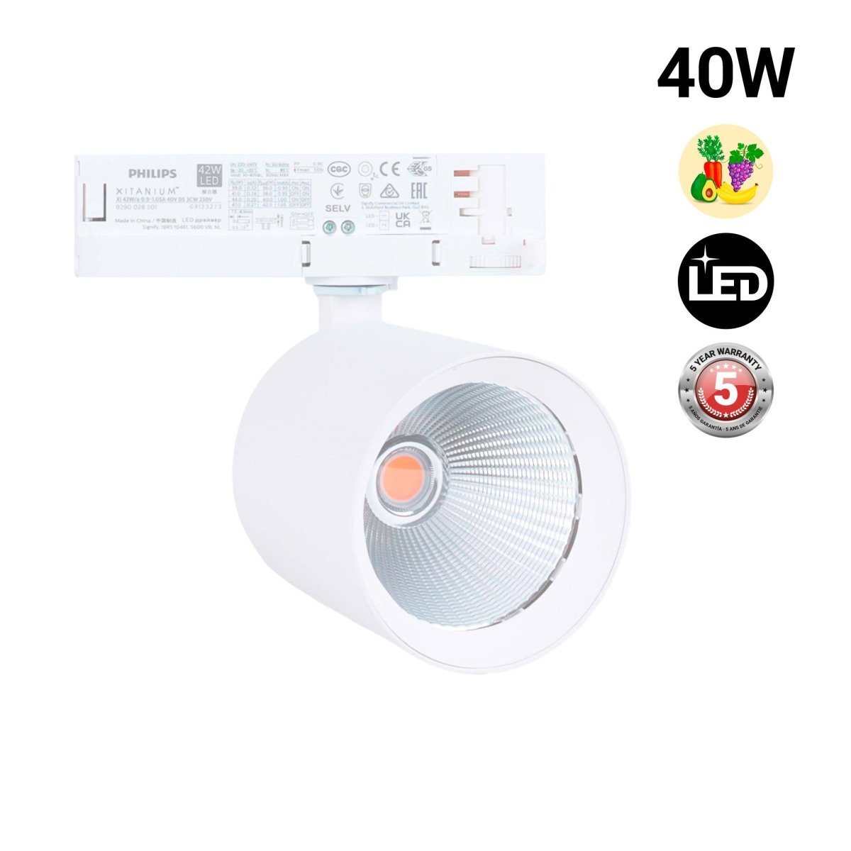Proyector LED para carril trifásico 40W - Fruterías y verdulerías - Driver Philips Xitanium - Barcelona Led-