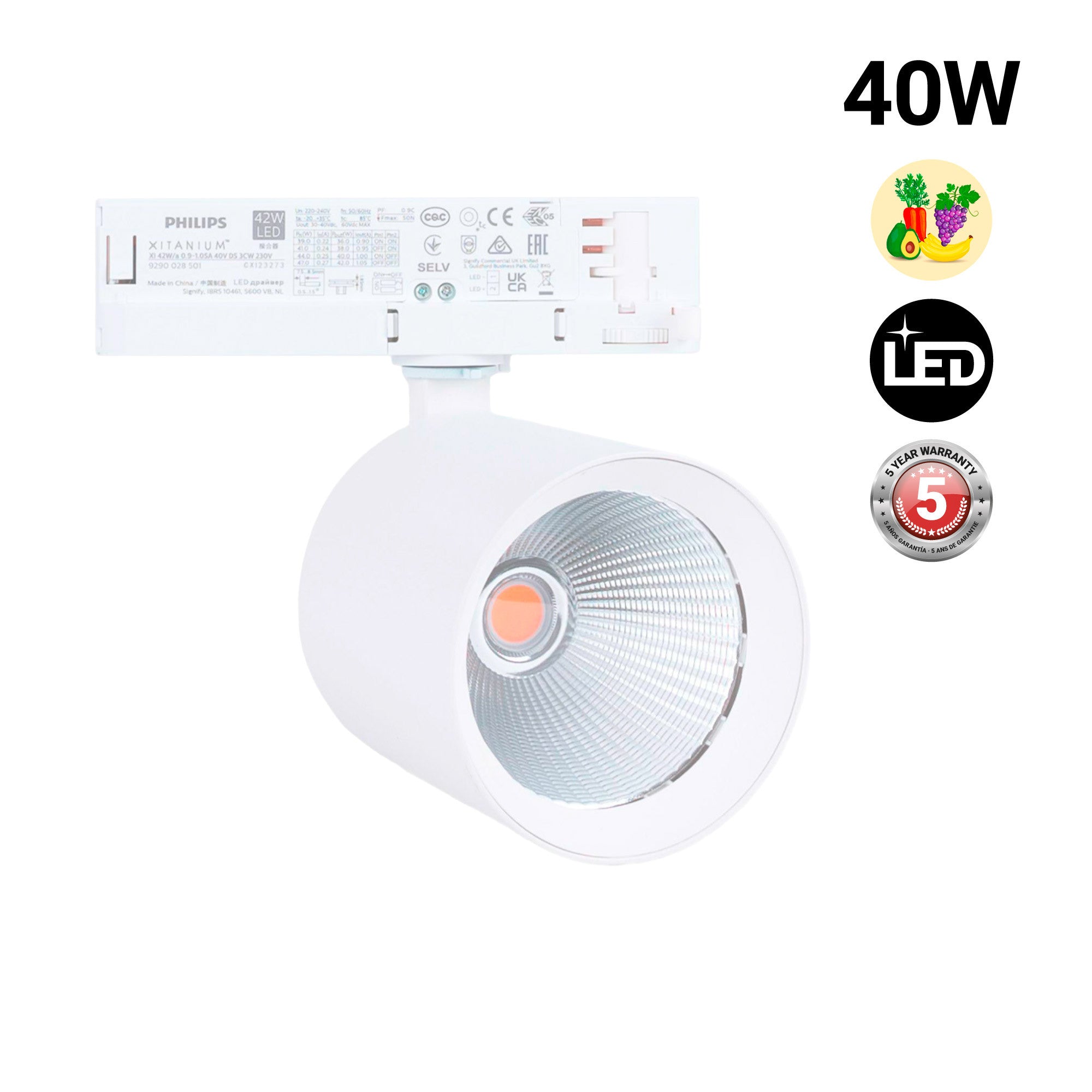 Proyector LED para carril trifásico 40W - Fruterías y verdulerías - Driver Philips Xitanium