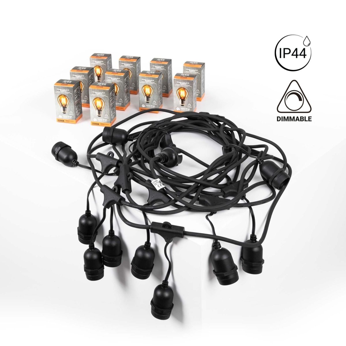 Kit guirnalda luces exterior 11,5 metros + 10 bombillas Regulables LED G45/E27- 4W - 2200K - IP44 - Barcelona Led-