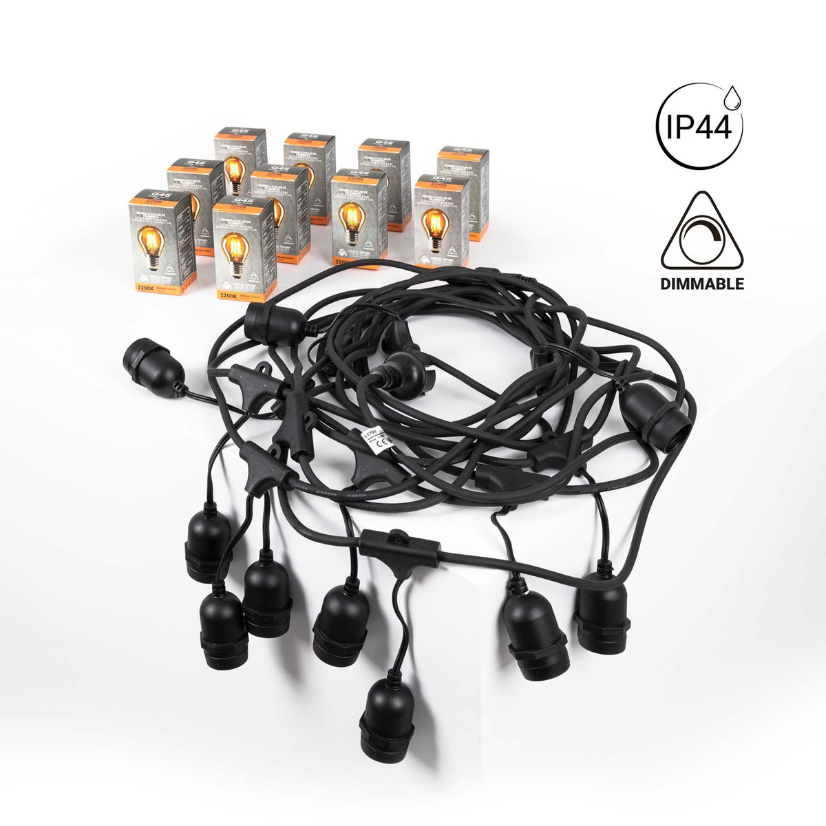 Kit guirnalda luces exterior 11,5 metros + 10 bombillas Regulables LED G45/E27- 4W - 2200K - IP44
