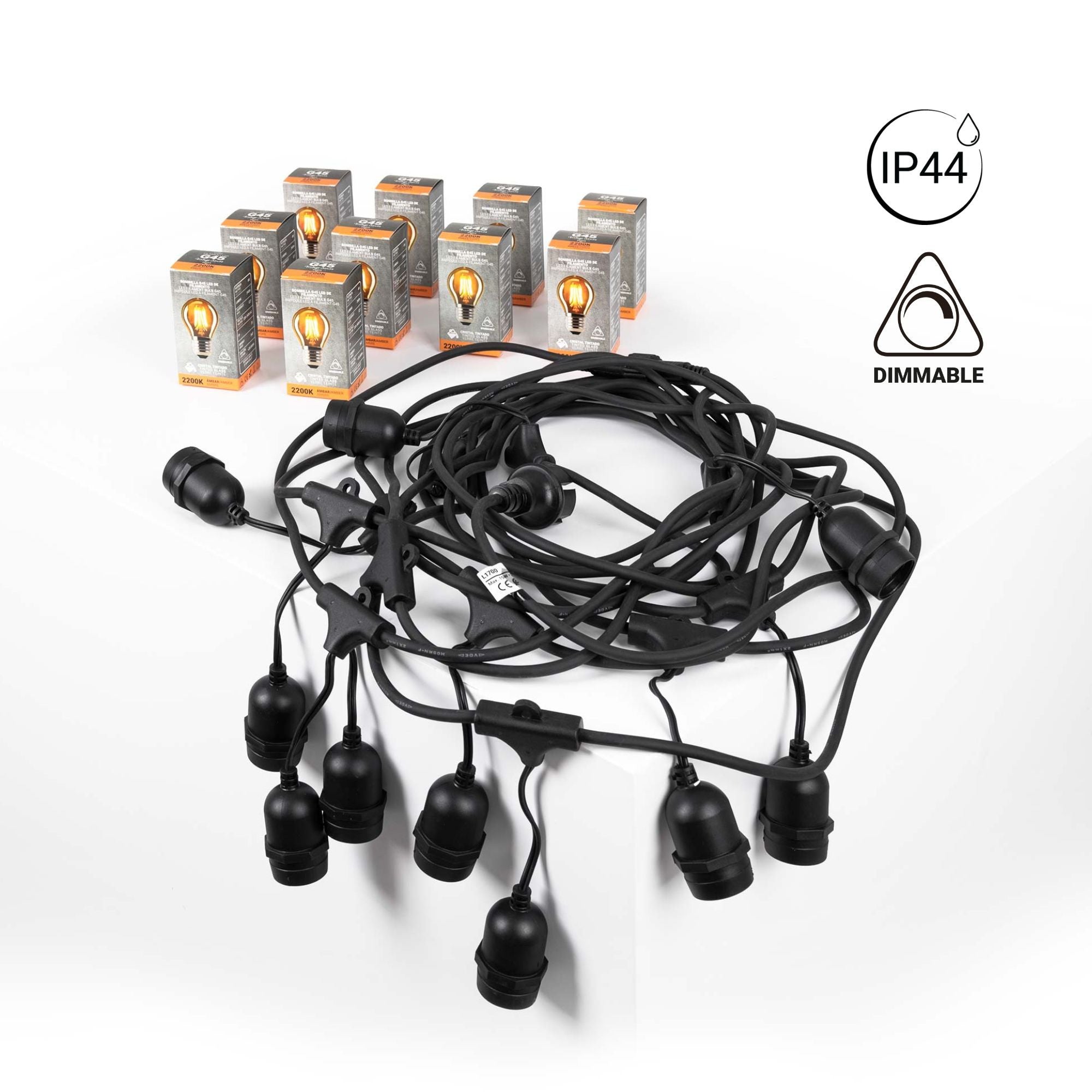 Kit guirnalda luces exterior 11,5 metros + 10 bombillas Regulables LED G45/E27- 4W - 2200K - IP44