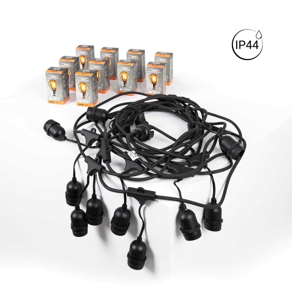Kit guirnalda luces exterior 11,5 metros + 10 bombillas LED G45/E27 filamento 4W - 2200K - IP44 - Barcelona Led-