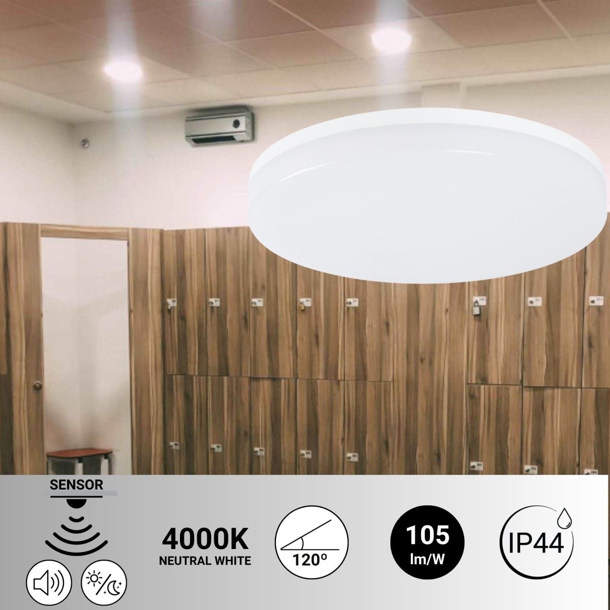 Plafón LED techo 18W - Sensor de sonido + sensor crepuscular - IP44 - Ø26 cm - Barcelona Led-