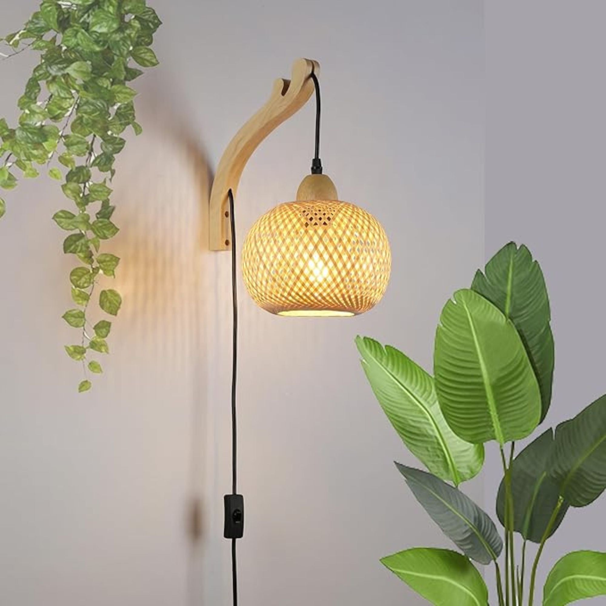 Aplique de pared de mimbre y madera "Phuket" - Con cable y enchufe - E27 (1)