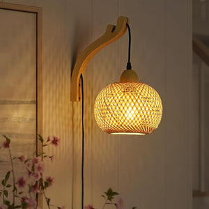 Aplique de pared de mimbre y madera "Phuket" - Con cable y enchufe - E27 (12)