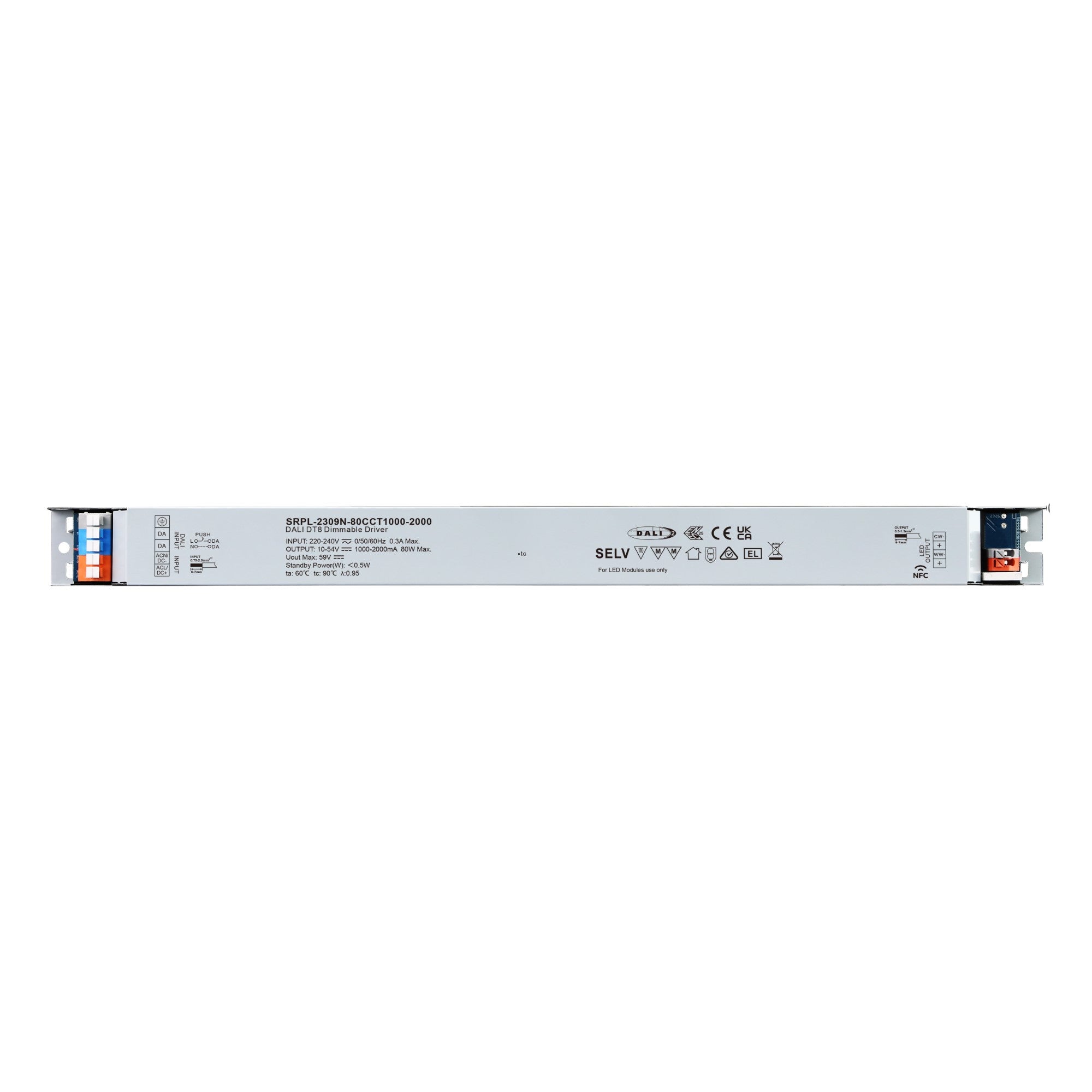 Driver regulable DALI2 DT8 - 80W - Corriente constante - Salida 10-54V DC - 1000-2000mA - NFC