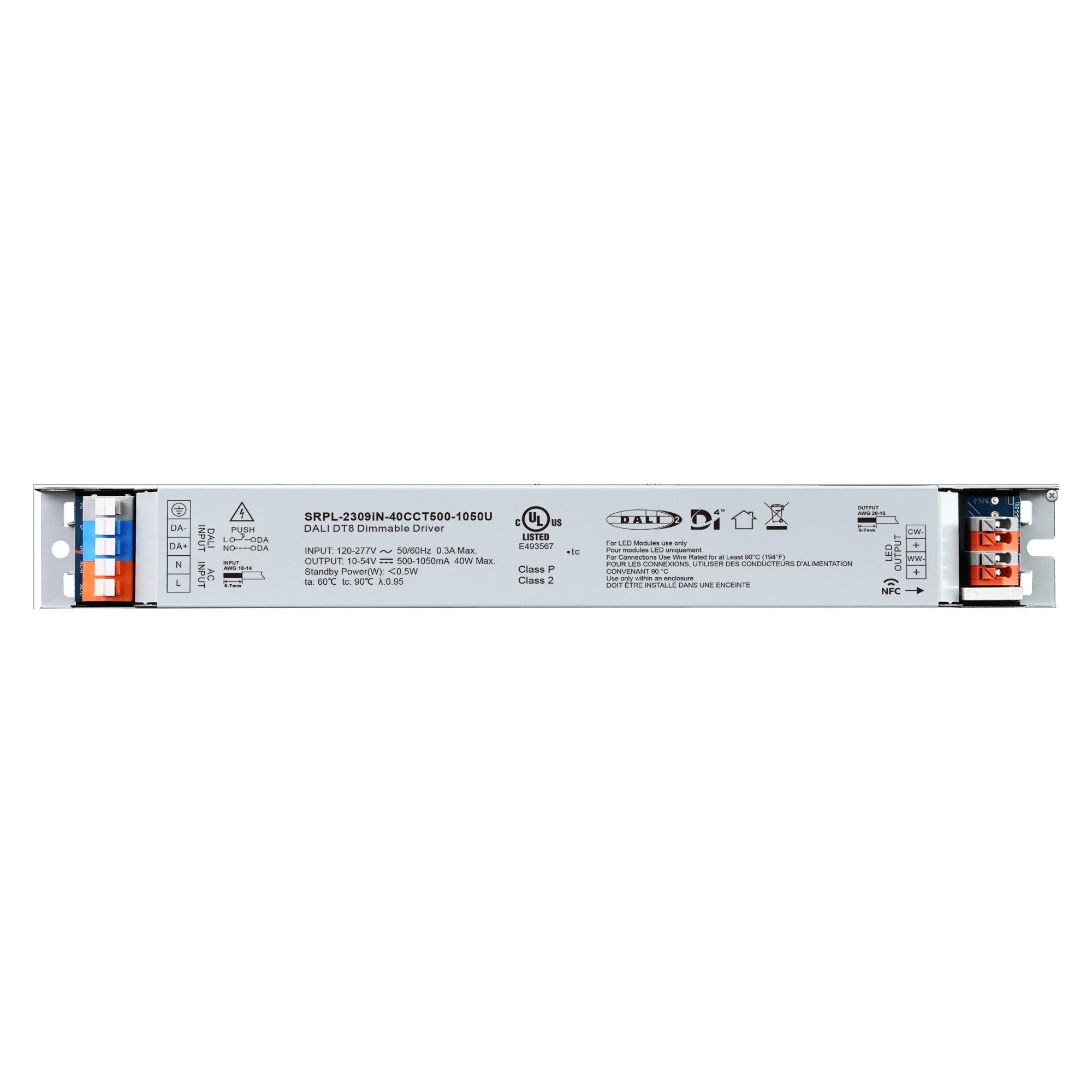 Driver regulable lineal DALI DT8 - CCT - 40W - Corriente constante - Salida 10-54V DC - 500-1050mA - NFC