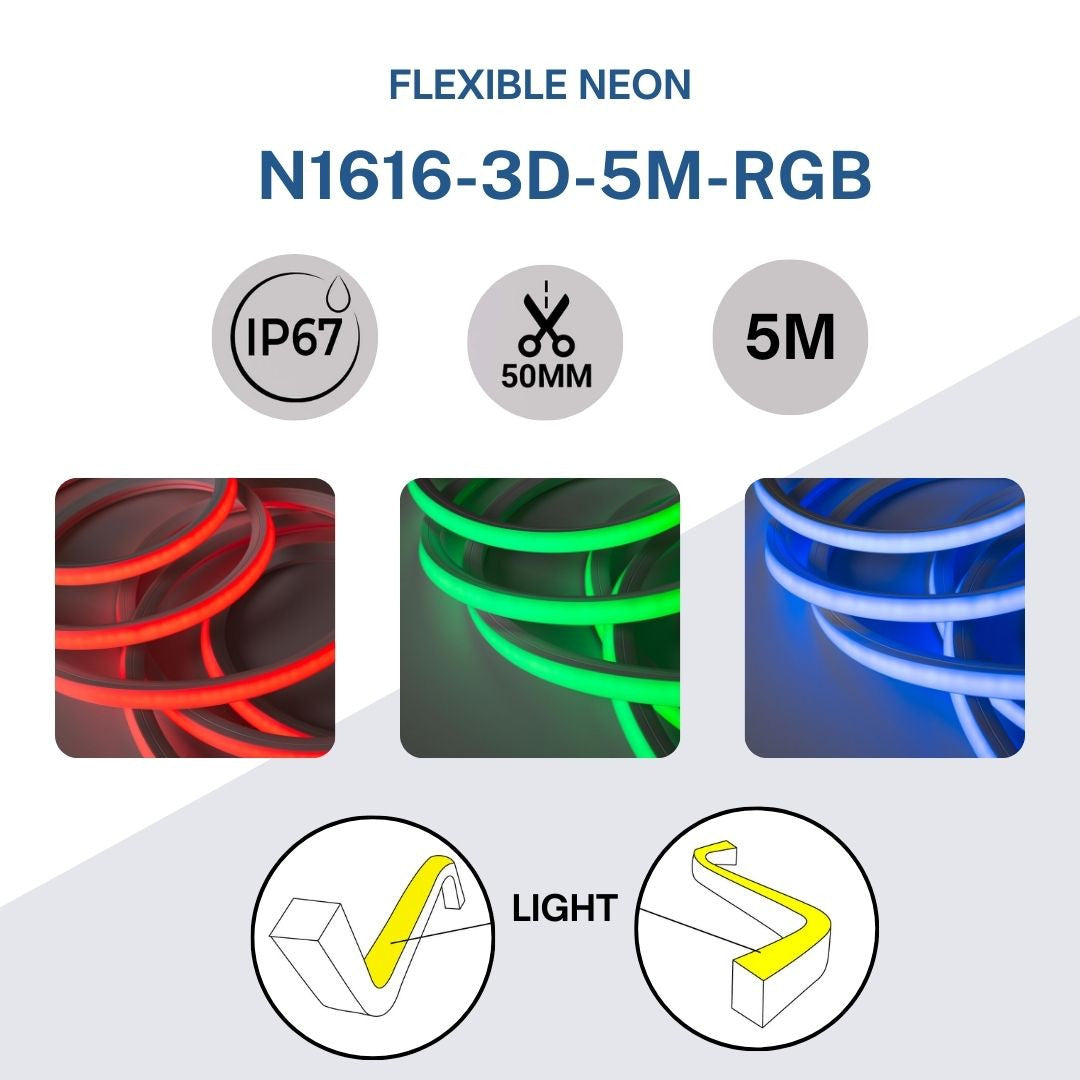 Neón LED flexible RGB 3D - 16x16mm - 5m - Kit completo -12W/m - IP67 -Curvatura vertical y horizontal (1)