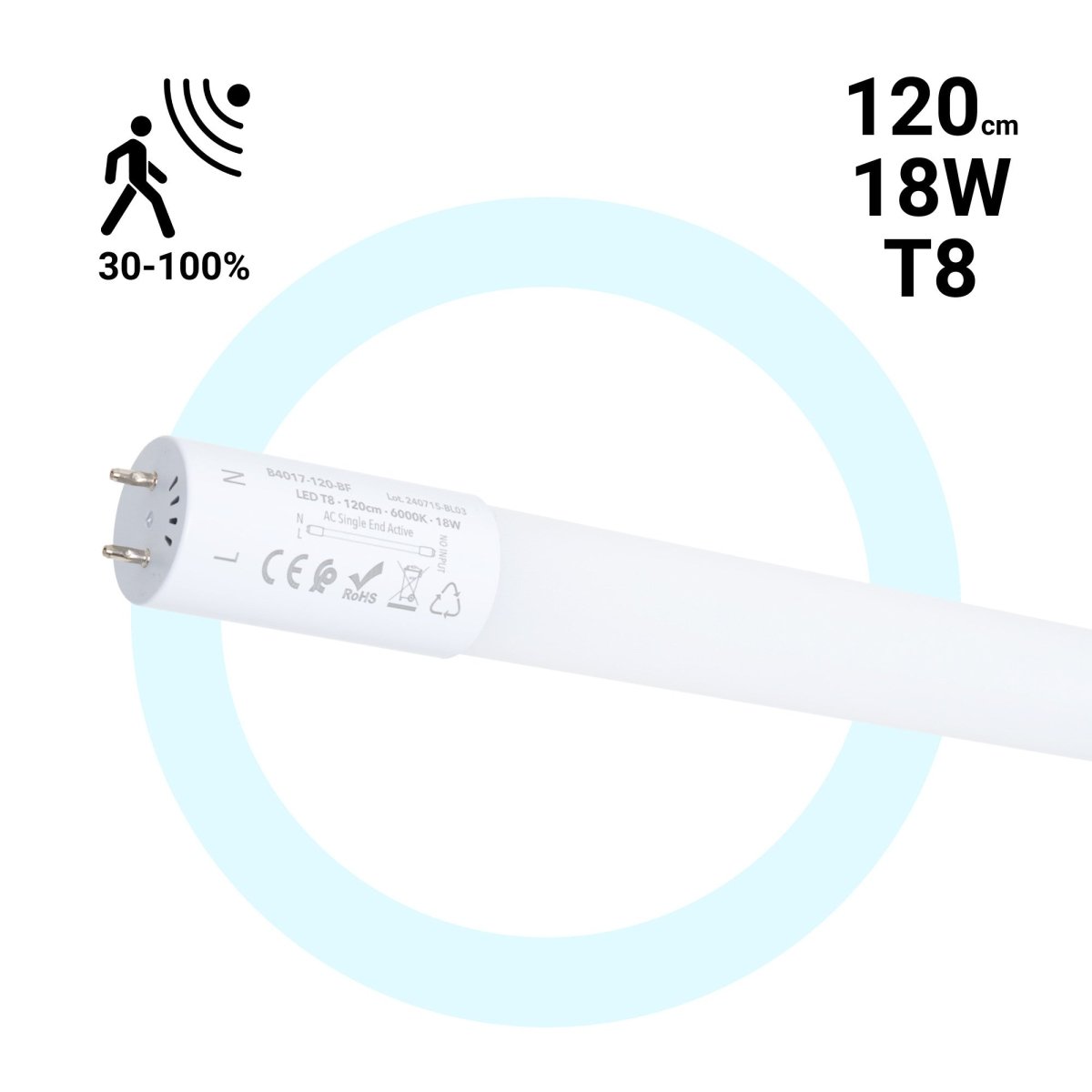 Tubo LED T8 con sensor de movimiento microondas 30-100% - 18W - 120 cm - 6000K - Barcelona Led-