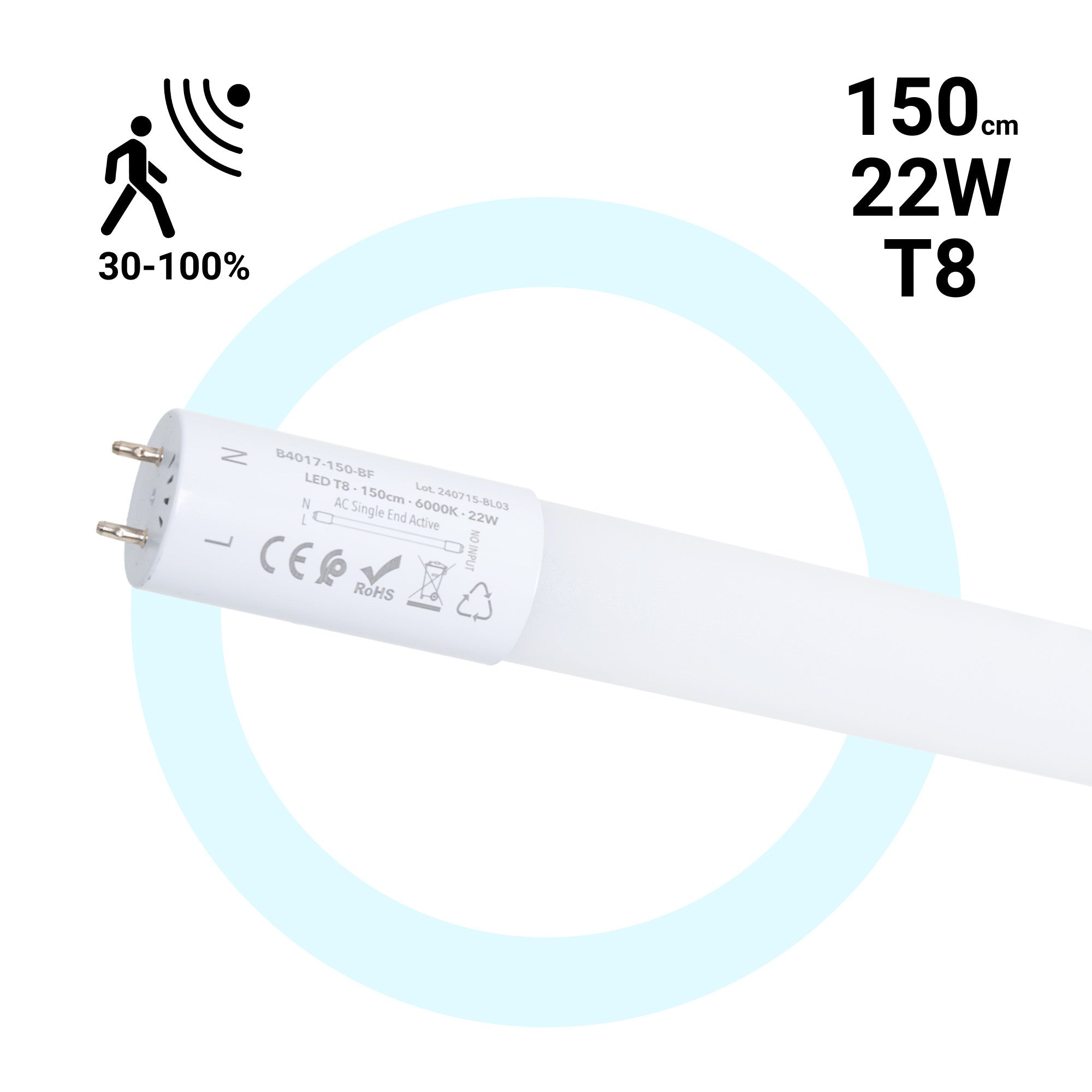Tubo LED T8 con sensor de movimiento microondas 30-100% - 22W - 150 cm - 6000K