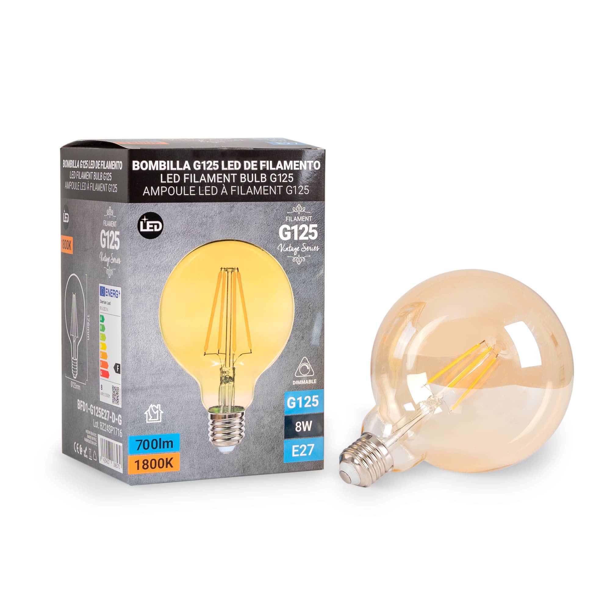 Bombilla LED Vintage Globo Filamento - E27 G125 - 6W - Regulable (1)