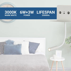 Aplique de pared para lectura "SLANGE 2" - 3W + 6W - Puerto USB + USB-C (3)