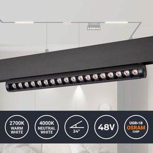 Foco lineal orientable para carril magnético 48V - 18W - Chip OSRAM - UGR18 - CRI90 - Barcelona Led-