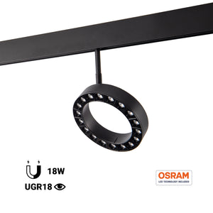 Luminaria circular LED para carril magnético 48V - Ø16cm - 18W - CRI90 - UGR18 - OSRAM
