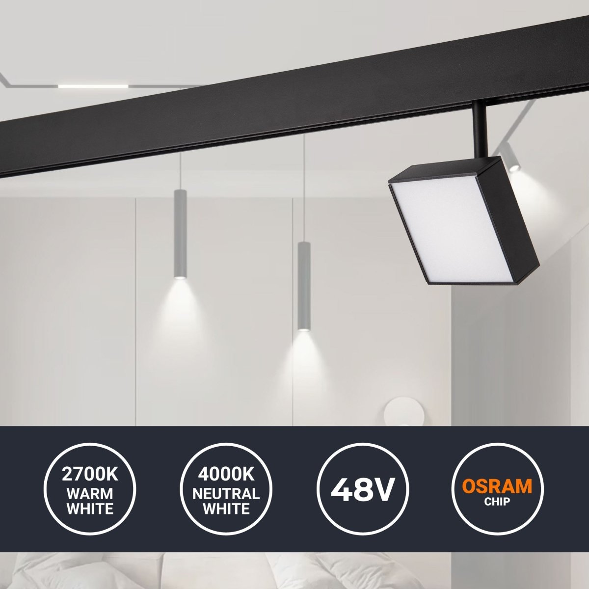 Luminaria cuadrada LED para carril magnético 48V - 9W - CRI90 - Chip OSRAM - Barcelona Led-