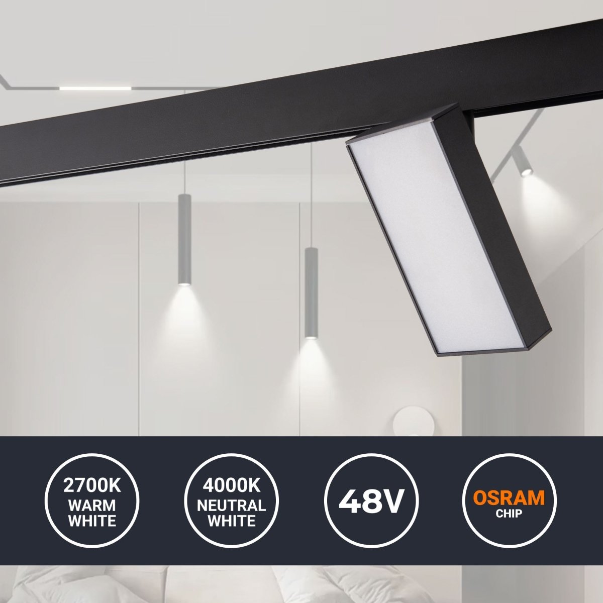 Luminaria cuadrada LED para carril magnético 48V - 18W - CRI90 - OSRAM - Barcelona Led-