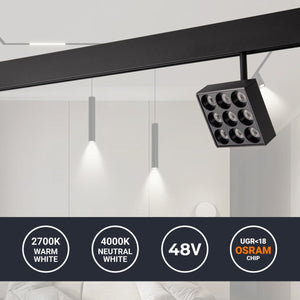 Luminaria cuadrada LED para carril magnético 48V - 9W - CRI90 - UGR18 - OSRAM - Barcelona Led-